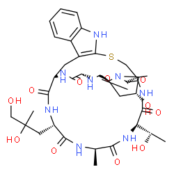ChemSpider 2D Image | (14S,18R,20S,23S,28S,31R,34R)-28-(2,3-Dihydroxy-2-methylpropyl)-18-hydroxy-34-(1-hydroxyethyl)-23,31-dimethyl-12-thia-10,16,22,25,27,30,33,36-octaazapentacyclo[12.11.11.0~3,11~.0~4,9~.0~16,20~]hexatri
aconta-3(11),4,6,8-tetraene-15,21,24,26,29,32,35-heptone | C35H48N8O11S