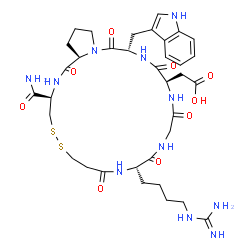 ChemSpider 2D Image | [(3R,11S,17R,20S,25aR)-11-(4-Carbamimidamidobutyl)-3-carbamoyl-20-(1H-indol-3-ylmethyl)-1,9,12,15,18,21-hexaoxodocosahydro-7H-pyrrolo[2,1-g][1,2,5,8,11,14,17,20]dithiahexaazacyclotricosin-17-yl]acetic
 acid | C35H49N11O9S2