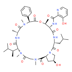 ChemSpider 2D Image | 3-Hydroxy-N-[(6R,9R,12S,15S,16S,19R,23S)-23-hydroxy-19-isobutyl-2,5,9,11,15-pentamethyl-6-(3-methyl-2-butanyl)-1,4,7,10,13,17,20-heptaoxo-12-phenyldocosahydro-1H-pyrrolo[2,1-o][1,4,7,10,13,16,19]oxahe
xaazacyclodocosin-16-yl]-2-pyridinecarboxamide | C44H62N8O11