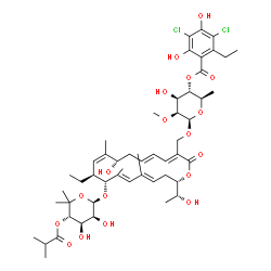 ChemSpider 2D Image | (2R,3S,4S,5S,6R)-6-({(3E,5E,8S,9Z,11S,12R,13E,15E,18S)-12-{[(2R,3S,4R,5S)-3,4-Dihydroxy-5-(isobutyryloxy)-6,6-dimethyltetrahydro-2H-pyran-2-yl]oxy}-11-ethyl-8-hydroxy-18-[(1R)-1-hydroxyethyl]-9,13,15-
trimethyl-2-oxooxacyclooctadeca-3,5,9,13,15-pentaen-3-yl}methoxy)-4-hydroxy-5-methoxy-2-methyltetrahydro-2H-pyran-3-yl 3,5-dichloro-2-ethyl-4,6-dihydroxybenzoate (non-preferred name) | C52H74Cl2O18