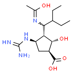 ChemSpider 2D Image | (1S,2S,3R,4R)-4-Carbamimidamido-3-{2-ethyl-1-[(Z)-(1-hydroxyethylidene)amino]butyl}-2-hydroxycyclopentanecarboxylic acid | C15H28N4O4