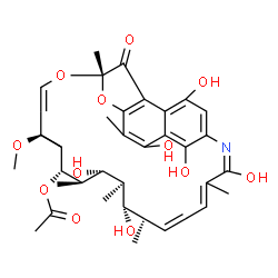 ChemSpider 2D Image | (7S,11S,12R,13S,14R,15R,16R,17S,18S,23E)-2,15,17,23,27,29-Hexahydroxy-11-methoxy-3,7,12,14,16,18,22-heptamethyl-6-oxo-8,30-dioxa-24-azatetracyclo[23.3.1.1~4,7~.0~5,28~]triaconta-1(29),2,4,9,19,21,23,2
5,27-nonaen-13-yl acetate | C37H47NO12