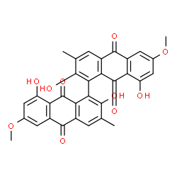 ChemSpider 2D Image | 2,2',8,8'-Tetrahydroxy-6,6'-dimethoxy-3,3'-dimethyl-1,1'-bianthracene-9,9',10,10'-tetrone | C32H22O10