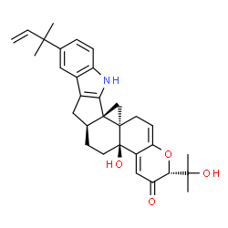ChemSpider 2D Image | (2R,4bS,6aS,12bS,12cR)-4b-Hydroxy-2-(2-hydroxy-2-propanyl)-12b,12c-dimethyl-9-(2-methyl-3-buten-2-yl)-5,6,6a,7,12,12b,12c,13-octahydro-2H-chromeno[5',6':6,7]indeno[1,2-b]indol-3(4bH)-one | C32H39NO4