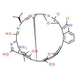 ChemSpider 2D Image | (1E)-2-Amino-N-[(10S,11E,13S)-3,35-dichloro-12,18,21-trihydroxy-10-isopropyl-8,22,39-trioxa-4,11,34,38-tetraazanonacyclo[27.6.1.1~2,5~.1~6,9~.1~15,19~.0~7,20~.0~20,24~.0~23,28~.0~33,36~]nonatriaconta-
1(35),2,4,6,9(38),11,15(37),16,18,23,25,27,29(36),30,32-pentadecaen-13-yl]-3-methylbutanimidic acid | C40H36Cl2N6O7