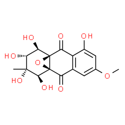 ChemSpider 2D Image | (1R,10S,11S,12R,13R,14R)-4,11,12,13,14-Pentahydroxy-6-methoxy-12-methyl-15-oxatetracyclo[8.4.1.0~1,10~.0~3,8~]pentadeca-3,5,7-triene-2,9-dione | C16H16O9