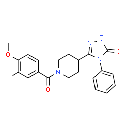 ChemSpider 2D Image | 5-[1-(3-Fluoro-4-methoxybenzoyl)-4-piperidinyl]-4-phenyl-2,4-dihydro-3H-1,2,4-triazol-3-one | C21H21FN4O3