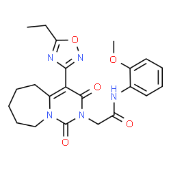 ChemSpider 2D Image | 2-[4-(5-Ethyl-1,2,4-oxadiazol-3-yl)-1,3-dioxo-3,5,6,7,8,9-hexahydropyrimido[1,6-a]azepin-2(1H)-yl]-N-(2-methoxyphenyl)acetamide | C22H25N5O5