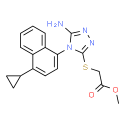 ChemSpider 2D Image | Methyl {[5-amino-4-(4-cyclopropyl-1-naphthyl)-4H-1,2,4-triazol-3-yl]sulfanyl}acetate | C18H18N4O2S