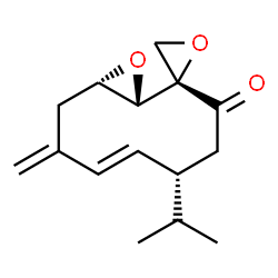 ChemSpider 2D Image | (1S,2S,5R,6E,10S)-5-Isopropyl-8-methylene-3H-spiro[11-oxabicyclo[8.1.0]undec-6-ene-2,2'-oxiran]-3-one | C15H20O3