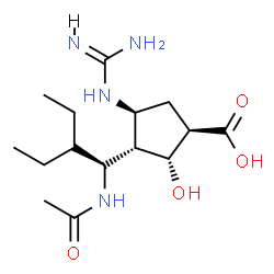 ChemSpider 2D Image | (1R,2R,3S,4S)-3-[(1S)-1-Acetamido-2-ethylbutyl]-4-carbamimidamido-2-hydroxycyclopentanecarboxylic acid | C15H28N4O4