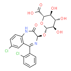 ChemSpider 2D Image | (3R)-7-Chloro-5-(2-chlorophenyl)-2-oxo-2,3-dihydro-1H-1,4-benzodiazepin-3-yl beta-D-glucopyranosiduronic acid | C21H18Cl2N2O8