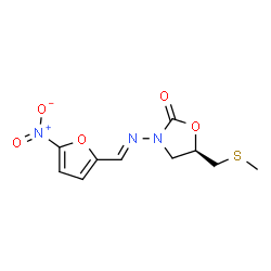 ChemSpider 2D Image | (5R)-5-[(Methylsulfanyl)methyl]-3-{(E)-[(5-nitro-2-furyl)methylene]amino}-1,3-oxazolidin-2-one | C10H11N3O5S