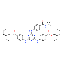 ChemSpider 2D Image | (2R)-2-Ethylhexyl (2S)-2-ethylhexyl 4,4'-{[6-({4-[(2-methyl-2-propanyl)carbamoyl]phenyl}amino)-1,3,5-triazine-2,4-diyl]diimino}dibenzoate | C44H59N7O5