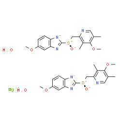 ChemSpider 2D Image | Magnesium (5-methoxybenzimidazol-1-id-2-yl)[(4-methoxy-3,5-dimethyl-2-pyridinyl)methyl]sulfoniumolate hydrate (1:2:2) | C34H40MgN6O8S2