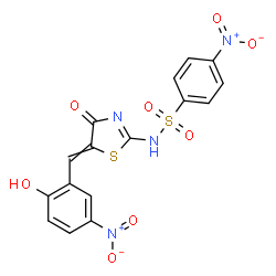 ChemSpider 2D Image | N-[5-(2-Hydroxy-5-nitrobenzylidene)-4-oxo-4,5-dihydro-1,3-thiazol-2-yl]-4-nitrobenzenesulfonamide | C16H10N4O8S2