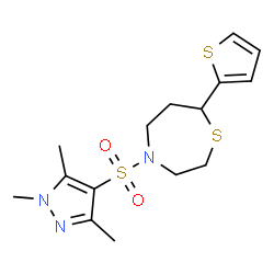 ChemSpider 2D Image | 7-(2-Thienyl)-4-[(1,3,5-trimethyl-1H-pyrazol-4-yl)sulfonyl]-1,4-thiazepane | C15H21N3O2S3