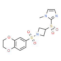 ChemSpider 2D Image | 2-{[1-(2,3-Dihydro-1,4-benzodioxin-6-ylsulfonyl)-3-azetidinyl]sulfonyl}-1-methyl-1H-imidazole | C15H17N3O6S2