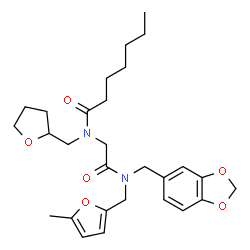 ChemSpider 2D Image | N-(2-{(1,3-Benzodioxol-5-ylmethyl)[(5-methyl-2-furyl)methyl]amino}-2-oxoethyl)-N-(tetrahydro-2-furanylmethyl)heptanamide | C28H38N2O6