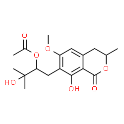 ChemSpider 2D Image | 3-Hydroxy-1-(8-hydroxy-6-methoxy-3-methyl-1-oxo-3,4-dihydro-1H-isochromen-7-yl)-3-methyl-2-butanyl acetate | C18H24O7