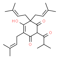 ChemSpider 2D Image | 5-Hydroxy-2-isobutyryl-4,6,6-tris(3-methyl-2-buten-1-yl)-4-cyclohexene-1,3-dione | C25H36O4