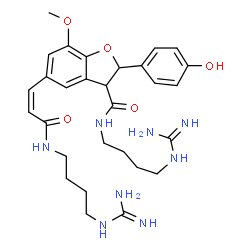 ChemSpider 2D Image | N-(4-Carbamimidamidobutyl)-5-{(1Z)-3-[(4-carbamimidamidobutyl)amino]-3-oxo-1-propen-1-yl}-2-(4-hydroxyphenyl)-7-methoxy-2,3-dihydro-1-benzofuran-3-carboxamide | C29H40N8O5