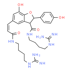 ChemSpider 2D Image | N-(4-Carbamimidamidobutyl)-5-{(1Z)-3-[(4-carbamimidamidobutyl)amino]-3-oxo-1-propen-1-yl}-7-hydroxy-2-(4-hydroxyphenyl)-2,3-dihydro-1-benzofuran-3-carboxamide | C28H38N8O5