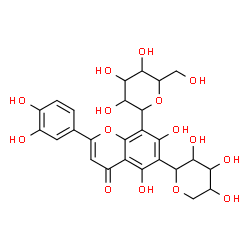 ChemSpider 2D Image | 2-(3,4-Dihydroxyphenyl)-5,7-dihydroxy-8-[3,4,5-trihydroxy-6-(hydroxymethyl)tetrahydro-2H-pyran-2-yl]-6-(3,4,5-trihydroxytetrahydro-2H-pyran-2-yl)-4H-chromen-4-one (non-preferred name) | C26H28O15