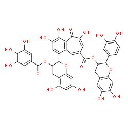 ChemSpider 2D Image | 2-(3,4-Dihydroxyphenyl)-6,7-dihydroxy-3,4-dihydro-2H-chromen-3-yl 1-{5,7-dihydroxy-3-[(3,4,5-trihydroxybenzoyl)oxy]-3,4-dihydro-2H-chromen-2-yl}-3,4,6-trihydroxy-5-oxo-5H-benzo[7]annulene-8-carboxylat
e | C43H32O19