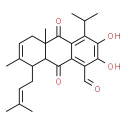 ChemSpider 2D Image | 2,3-Dihydroxy-4-isopropyl-7,10a-dimethyl-8-(3-methyl-2-buten-1-yl)-9,10-dioxo-5,8,8a,9,10,10a-hexahydro-1-anthracenecarbaldehyde | C25H30O5