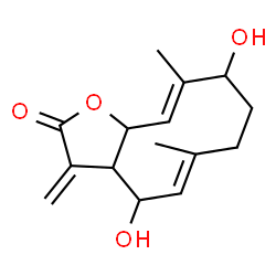 ChemSpider 2D Image | (5E,10E)-4,9-Dihydroxy-6,10-dimethyl-3-methylene-3a,4,7,8,9,11a-hexahydrocyclodeca[b]furan-2(3H)-one | C15H20O4