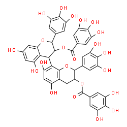 ChemSpider 2D Image | 5,5',7,7'-Tetrahydroxy-2,2'-bis(3,4,5-trihydroxyphenyl)-3,3',4,4'-tetrahydro-2H,2'H-4,8'-bichromene-3,3'-diyl bis(3,4,5-trihydroxybenzoate) | C44H34O22