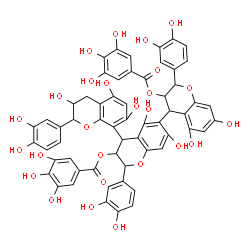 ChemSpider 2D Image | 2,2',2''-Tris(3,4-dihydroxyphenyl)-3'',5,5',5'',7,7',7''-heptahydroxy-3,3',3'',4,4',4''-hexahydro-2H,2'H,2''H-4,6':4',8''-terchromene-3,3'-diyl bis(3,4,5-trihydroxybenzoate) | C59H46O26