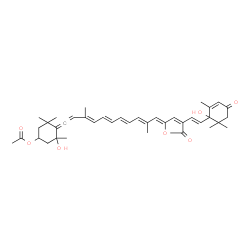 ChemSpider 2D Image | 3-Hydroxy-4-[(3E,5E,7E,9E,11Z)-11-{4-[(E)-2-(1-hydroxy-2,6,6-trimethyl-4-oxo-2-cyclohexen-1-yl)vinyl]-5-oxo-2(5H)-furanylidene}-3,10-dimethyl-1,3,5,7,9-undecapentaen-1-ylidene]-3,5,5-trimethylcyclohex
yl acetate | C39H48O7