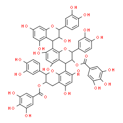 ChemSpider 2D Image | 2,2',2''-Tris(3,4-dihydroxyphenyl)-3,5,5',5'',7,7',7''-heptahydroxy-3,3',3'',4,4',4''-hexahydro-2H,2'H,2''H-4,8':4',8''-terchromene-3',3''-diyl bis(3,4,5-trihydroxybenzoate) | C59H46O26