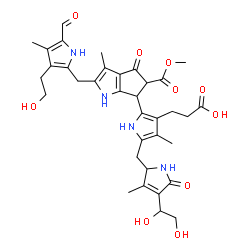 ChemSpider 2D Image | 3-(5-{[4-(1,2-Dihydroxyethyl)-3-methyl-5-oxo-2,5-dihydro-1H-pyrrol-2-yl]methyl}-2-[2-{[5-formyl-3-(2-hydroxyethyl)-4-methyl-1H-pyrrol-2-yl]methyl}-5-(methoxycarbonyl)-3-methyl-4-oxo-1,4,5,6-tetrahydro
cyclopenta[b]pyrrol-6-yl]-4-methyl-1H-pyrrol-3-yl)propanoic acid | C35H42N4O10