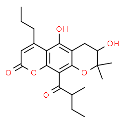 ChemSpider 2D Image | 5,7-Dihydroxy-8,8-dimethyl-10-(2-methylbutanoyl)-4-propyl-7,8-dihydro-2H,6H-pyrano[3,2-g]chromen-2-one | C22H28O6