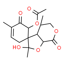 ChemSpider 2D Image | 2'-Hydroxy-2',4,4'-trimethyl-5,7'-dioxo-4',5',7',7a'-tetrahydro-3a'H-spiro[cyclohex-3-ene-1,3'-furo[2,3-c]pyran]-6-yl acetate | C17H22O7