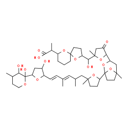 ChemSpider 2D Image | 1-C-{5-[(1E,3E)-6-{5-[3-(5-{[7-(1-Carboxyethyl)-1,6-dioxaspiro[4.5]dec-2-yl](hydroxy)methyl}-5-methyl-3-oxotetrahydro-2-furanyl)-5-methyl-2,8-dioxabicyclo[3.2.1]oct-1-yl]-2-methyltetrahydro-2-furanyl}
-3,5-dimethyl-1,3-hexadien-1-yl]-4-hydroxytetrahydro-2-furanyl}-3,4-dideoxy-3-methylpentopyranose | C47H72O15