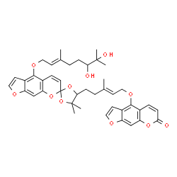 ChemSpider 2D Image | 4-{[(2E)-5-(4'-{[(2E)-6,7-Dihydroxy-3,7-dimethyl-2-octen-1-yl]oxy}-5,5-dimethylspiro[1,3-dioxolane-2,7'-furo[3,2-g]chromen]-4-yl)-3-methyl-2-penten-1-yl]oxy}-7H-furo[3,2-g]chromen-7-one | C42H46O11
