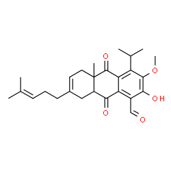 ChemSpider 2D Image | 2-Hydroxy-4-isopropyl-3-methoxy-10a-methyl-7-(4-methyl-3-penten-1-yl)-9,10-dioxo-5,8,8a,9,10,10a-hexahydro-1-anthracenecarbaldehyde | C26H32O5