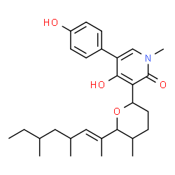 ChemSpider 2D Image | 3-{6-[(2E)-4,6-Dimethyl-2-octen-2-yl]-5-methyltetrahydro-2H-pyran-2-yl}-4-hydroxy-5-(4-hydroxyphenyl)-1-methyl-2(1H)-pyridinone | C28H39NO4