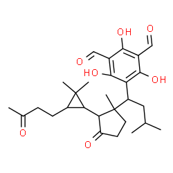 ChemSpider 2D Image | 5-(1-{2-[2,2-Dimethyl-3-(3-oxobutyl)cyclopropyl]-1-methyl-3-oxocyclopentyl}-3-methylbutyl)-2,4,6-trihydroxyisophthalaldehyde | C28H38O7