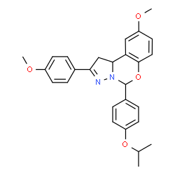 ChemSpider 2D Image | 5-(4-Isopropoxyphenyl)-9-methoxy-2-(4-methoxyphenyl)-1,10b-dihydropyrazolo[1,5-c][1,3]benzoxazine | C27H28N2O4