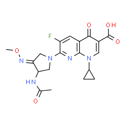 ChemSpider 2D Image | 7-[(4E)-3-Acetamido-4-(methoxyimino)-1-pyrrolidinyl]-1-cyclopropyl-6-fluoro-4-oxo-1,4-dihydro-1,8-naphthyridine-3-carboxylic acid | C19H20FN5O5