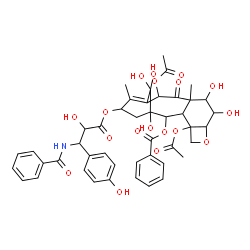 ChemSpider 2D Image | 4,12-Diacetoxy-15-{[3-(benzoylamino)-2-hydroxy-3-(4-hydroxyphenyl)propanoyl]oxy}-1,8,9,17,17-pentahydroxy-10,14-dimethyl-11-oxo-6-oxatetracyclo[11.3.1.0~3,10~.0~4,7~]heptadec-13-en-2-yl benzoate | C45H47NO18