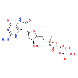 ChemSpider 2D Image | 2-Amino-9-[(4xi)-2-deoxy-5-O-(hydroxy{[hydroxy(phosphonooxy)phosphoryl]oxy}phosphoryl)-alpha-D-glycero-pentofuranosyl]-7,9-dihydro-3H-purine-6,8-dione | C10H16N5O14P3