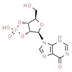 ChemSpider 2D Image | 9-[(3aR,4R,6R,6aR)-2-Hydroxy-6-(hydroxymethyl)-2-oxidotetrahydrofuro[3,4-d][1,3,2]dioxaphosphol-4-yl]-3,9-dihydro-6H-purin-6-one | C10H11N4O7P