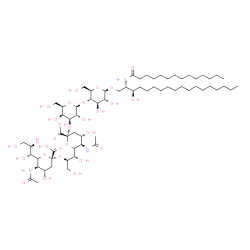 ChemSpider 2D Image | (2S,3R)-3-Hydroxy-2-(tetradecanoylamino)octadecyl 5-acetamido-6-[(1S,2R)-2-({5-acetamido-3,5-dideoxy-6-[(1R,2R)-1,2,3-trihydroxypropyl]-beta-L-threo-hex-2-ulopyranonosyl}oxy)-1,3-dihydroxypropyl]-3,5-
dideoxy-beta-L-threo-hex-2-ulopyranonosyl-(2->3)-beta-D-galactopyranosyl-(1->4)-beta-D-glucopyranoside | C66H119N3O29