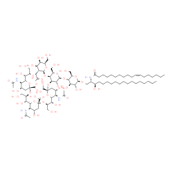 ChemSpider 2D Image | (2S,3R)-3-Hydroxy-2-[(11Z)-11-octadecenoylamino]octadecyl 5-acetamido-6-[(1S,2R)-2-({5-acetamido-6-[(1S,2R)-2-({5-acetamido-3,5-dideoxy-6-[(1R,2R)-1,2,3-trihydroxypropyl]-beta-L-threo-hex-2-ulopyranon
osyl}oxy)-1,3-dihydroxypropyl]-3,5-dideoxy-beta-L-threo-hex-2-ulopyranonosyl}oxy)-1,3-dihydroxypropyl]-3,5-dideoxy-beta-L-threo-hex-2-ulopyranonosyl-(2->3)-[2-deoxy-2-(2-oxopropyl)-beta-D-galactopyran
osyl-(1->4)]-beta-D-galactopyranosyl-(1->4)-beta-D-glucopyranoside | C90H156N4O42